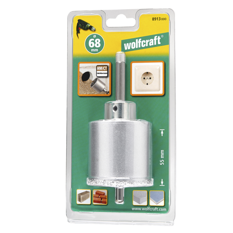 WOLFCRAFT 8913000 - 1 corona de perforación CT con vástago y broca ø 68 mm