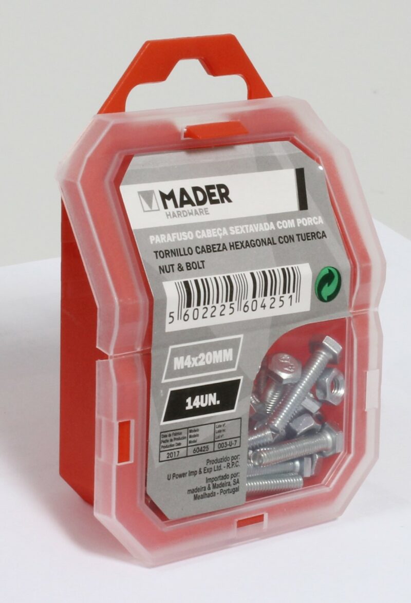 MADER 60425 - Tornillo Cabeza Hexagonal con Tuerca - M4x20mm, 14Un