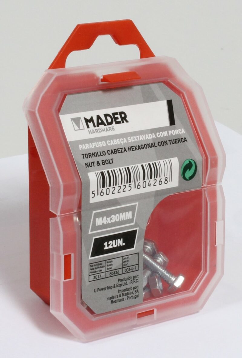 MADER 60426 - Tornillo Cabeza Hexagonal con Tuerca - M4x30mm, 12Un