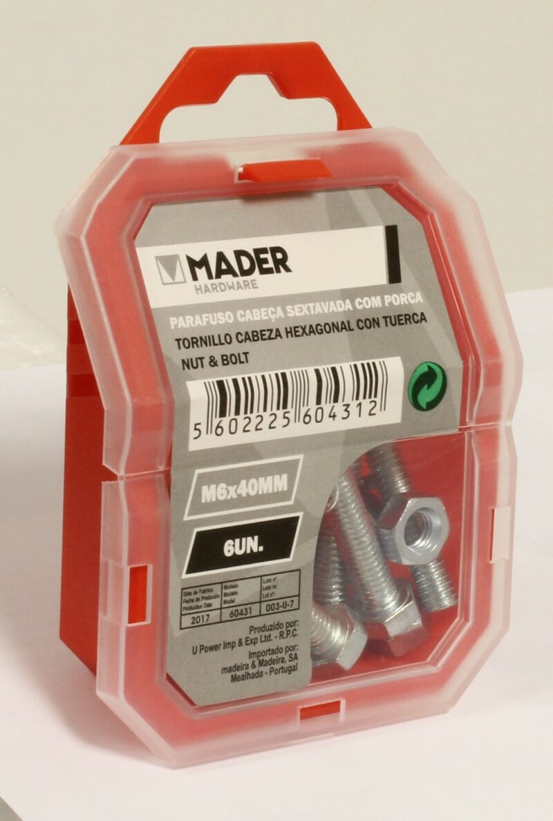 MADER 60431 - Tornillo Cabeza Hexagonal con Tuerca - M6x40mm, 6Un