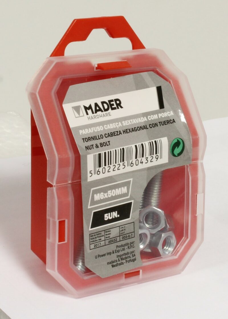 MADER 60432 - Tornillo Cabeza Hexagonal con Tuerca - M6x50mm, 5Un