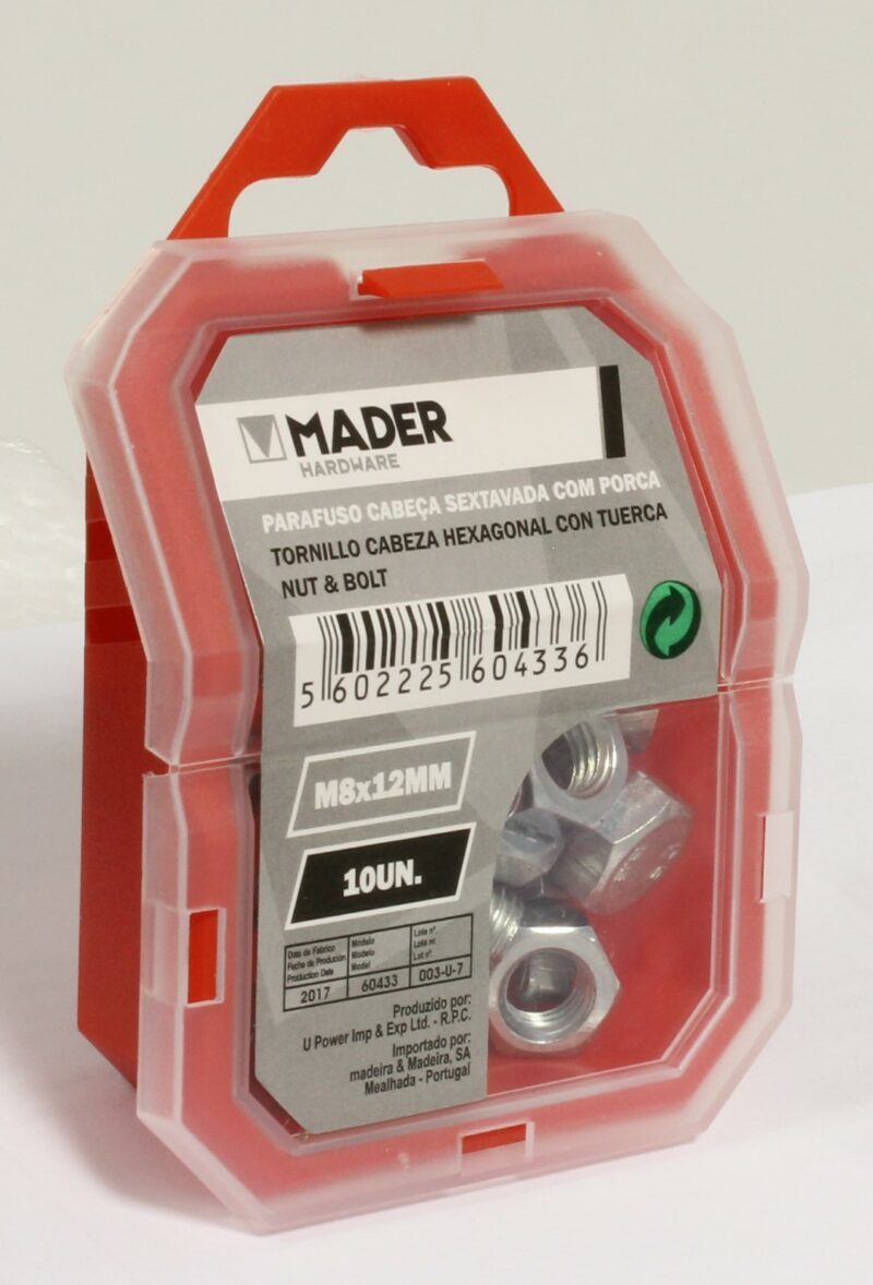 MADER 60433 - Tornillo Cabeza Hexagonal con Tuerca - M8x12mm, 10Un
