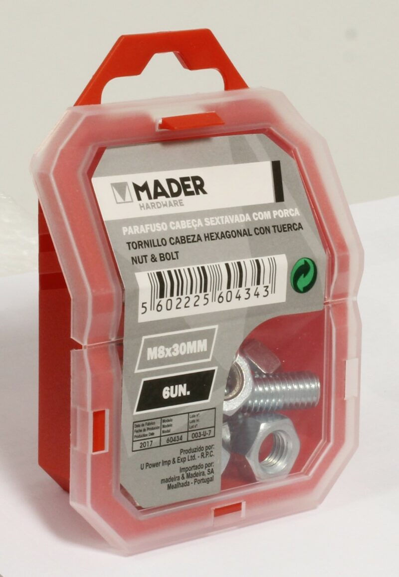 MADER 60434 - Tornillo Cabeza Hexagonal con Tuerca - M8x30mm, 6Un