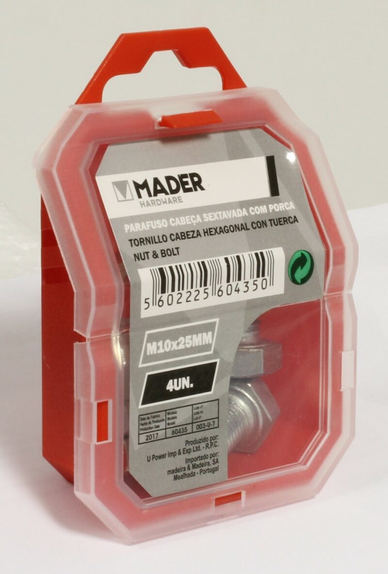 MADER 60435 - Tornillo Cabeza Hexagonal con Tuerca - M10x25mm, 4Un