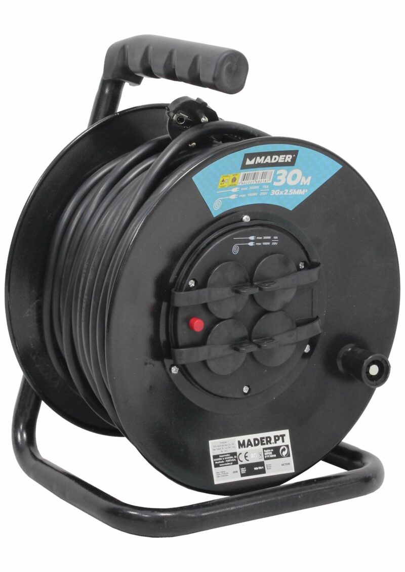 MADER 68018 - Prolongador Eléctrico, con Enrollacable Metálico, con Tapa, 30m, 3G x 2.5mm²