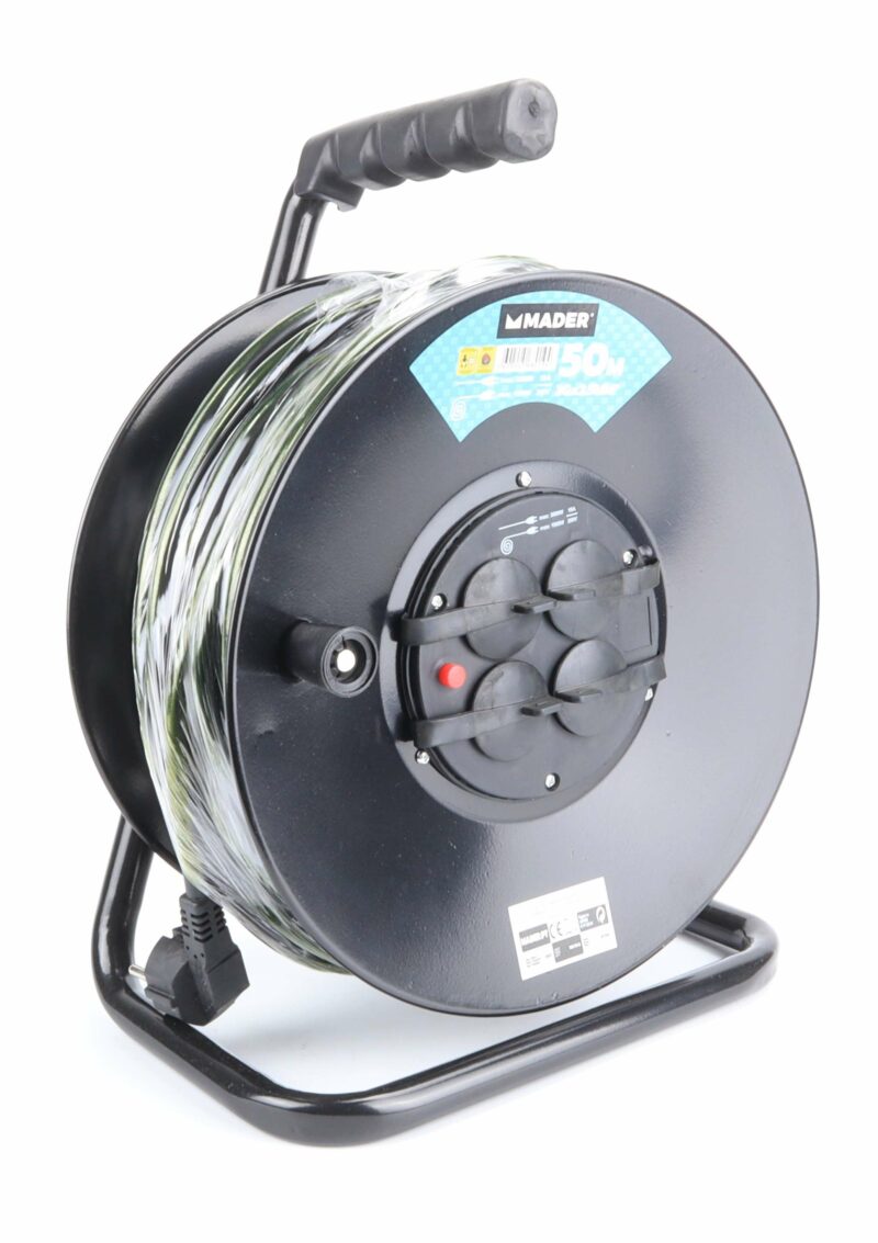 MADER 68019 - Prolongador Eléctrico, Enrollacable Metálico, con Tapa, 50m, 3G x 2,5mm²
