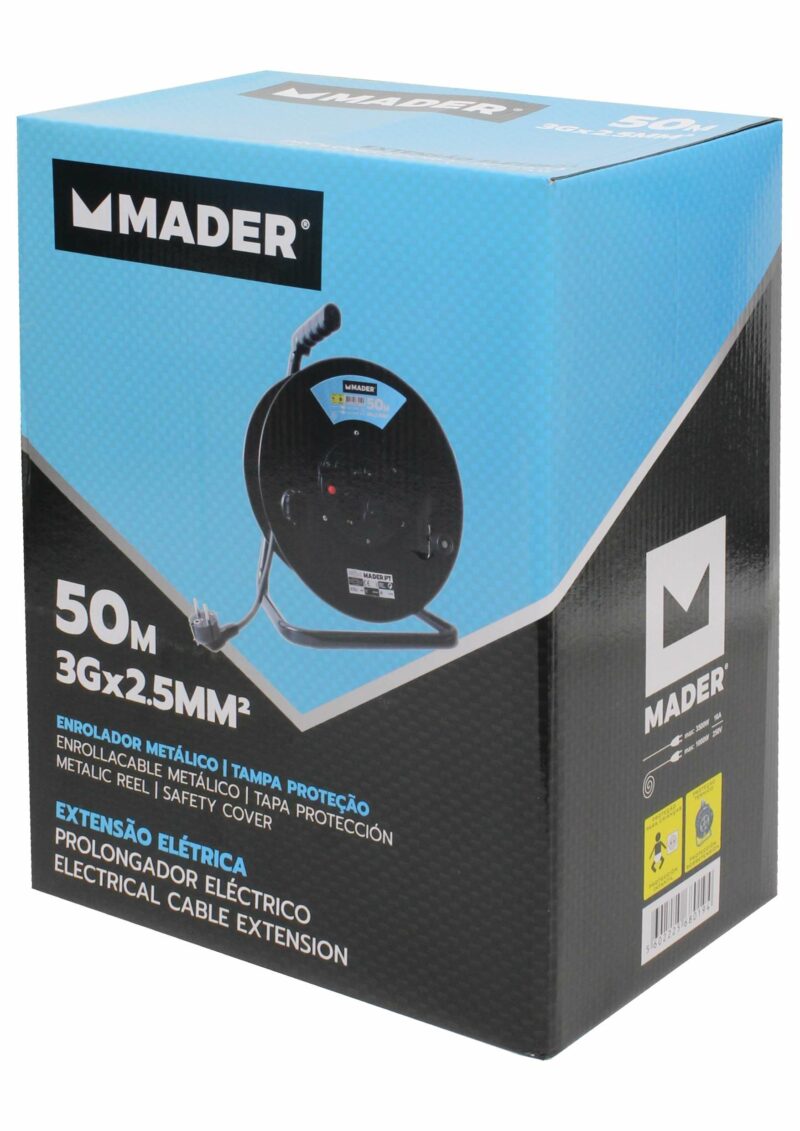 MADER 68019 - Prolongador Eléctrico, Enrollacable Metálico, con Tapa, 50m, 3G x 2,5mm² - Imagen 7