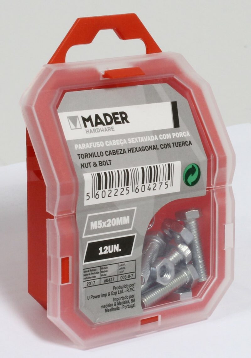 MADER 60427 - Tornillo Cabeza Hexagonal con Tuerca - M5x20mm, 12Un